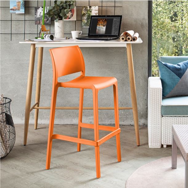 Bright orange bar stool at a light wood desk